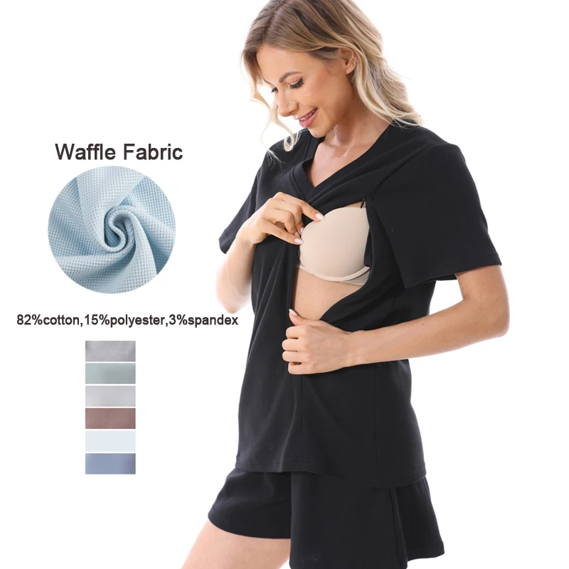 Pijama de lactancia waffle con cremallera lateral y cuello V - imagen 3