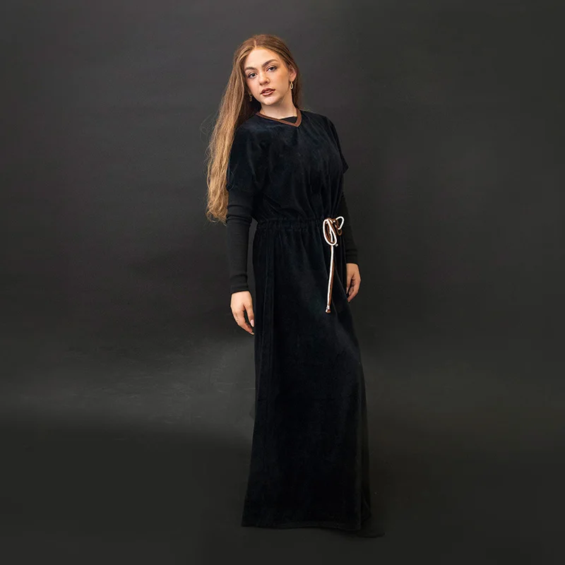 Shabbos vestido terciopelo negro con lazo, manga corta de invierno