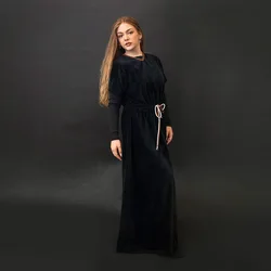 Shabbos vestido terciopelo negro con lazo, manga corta de invierno