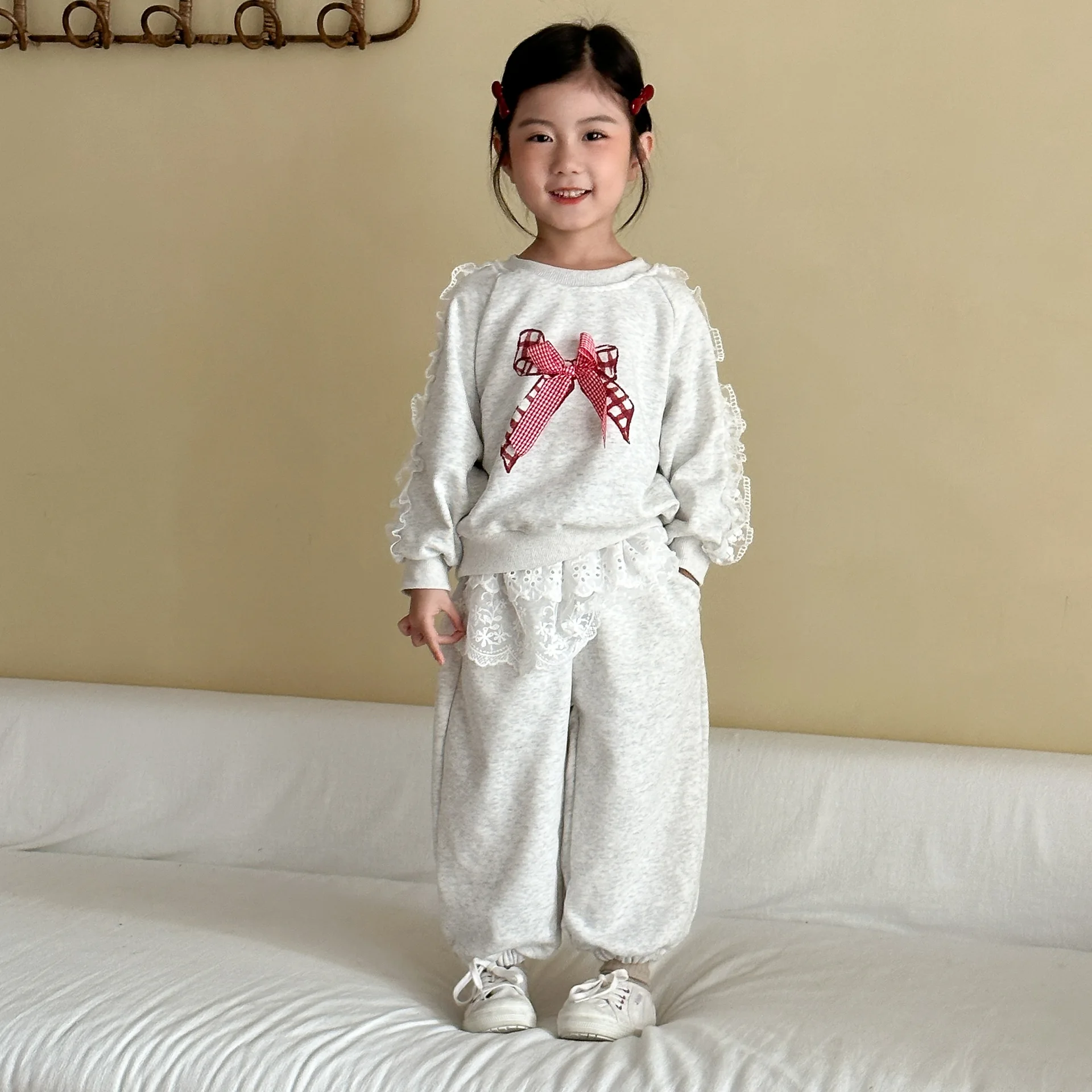 Conjunto niña manga larga gris lazo encaje estilo coreano otoño - imagen 4