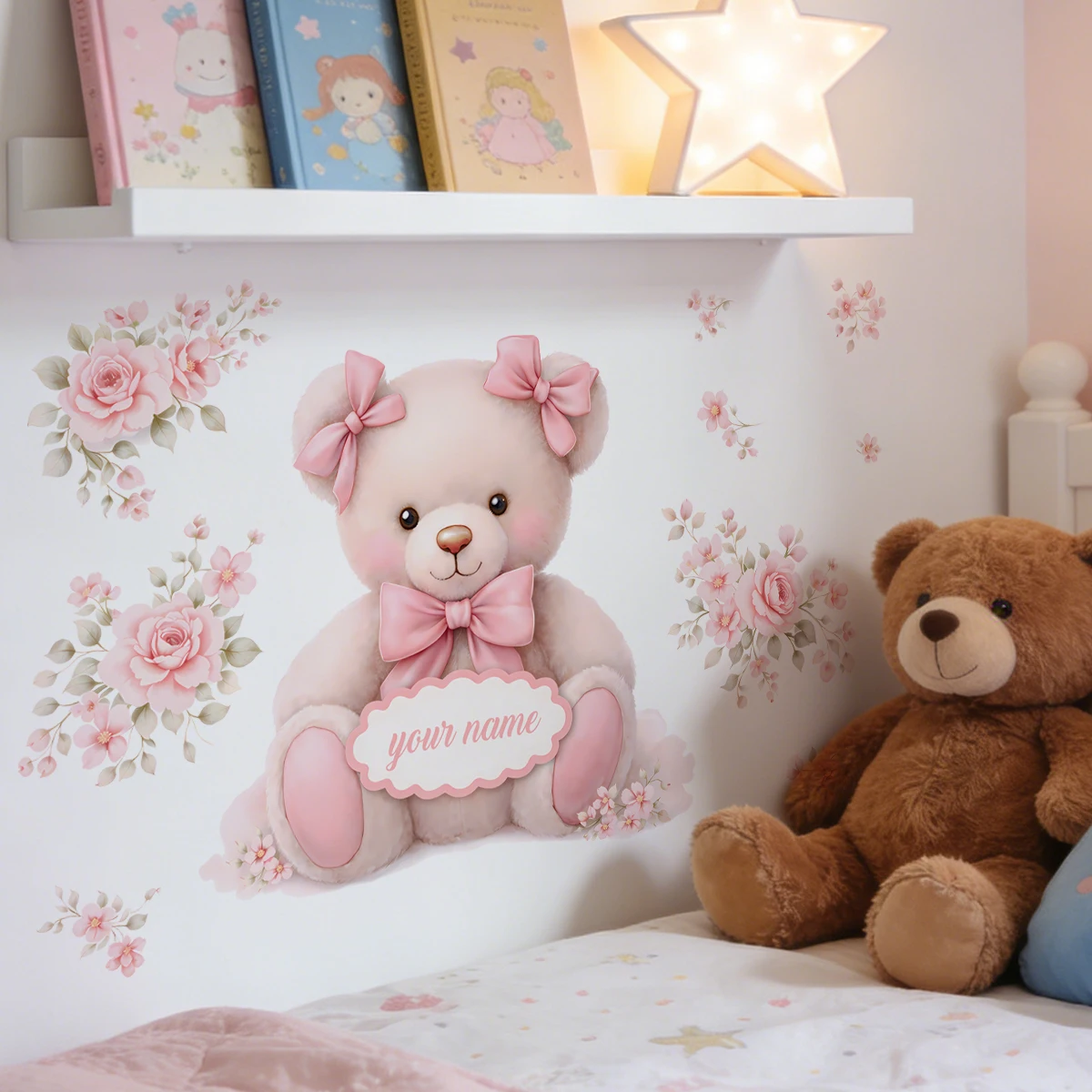 Pegatina de pared personalizada con nombre y lazo rosa, oso de peluche - imagen 3