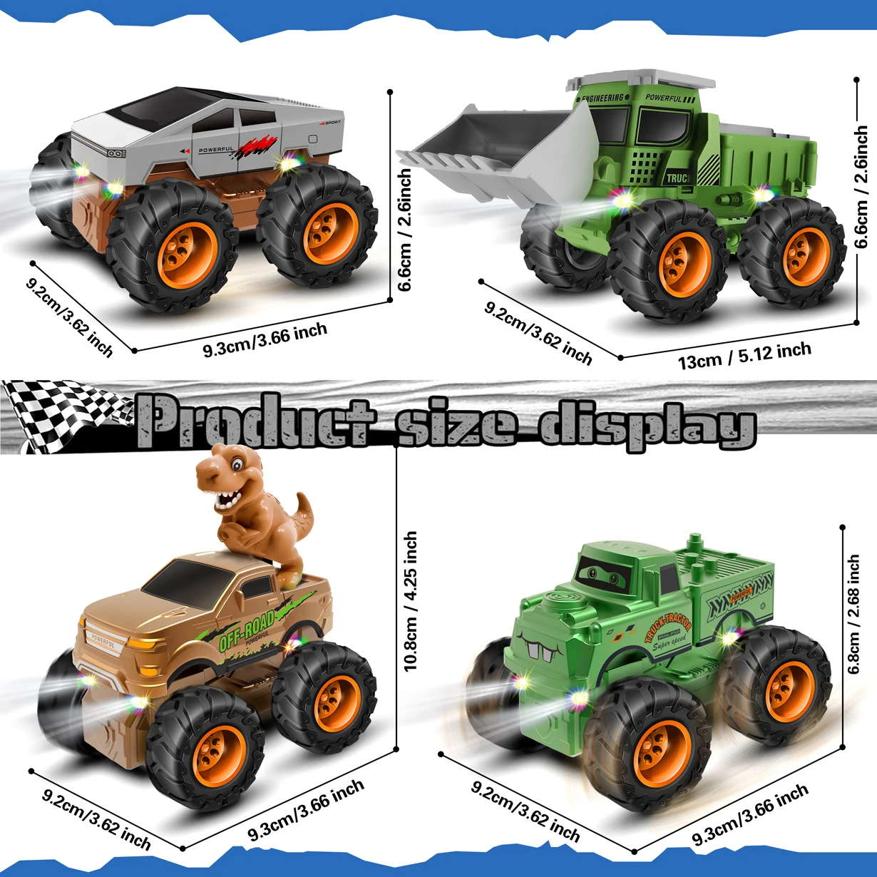 Camioneta todoterreno dinosaurio con ruedas grandes y luces