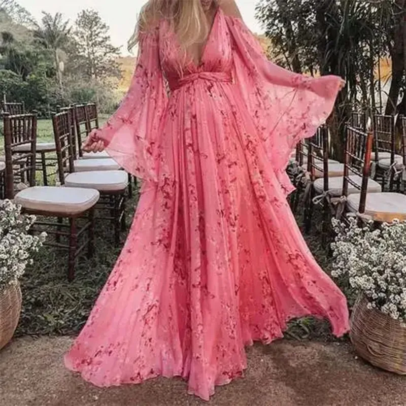 Vestido de embarazo veraniego rosa estampado para fotos premamá - imagen 5