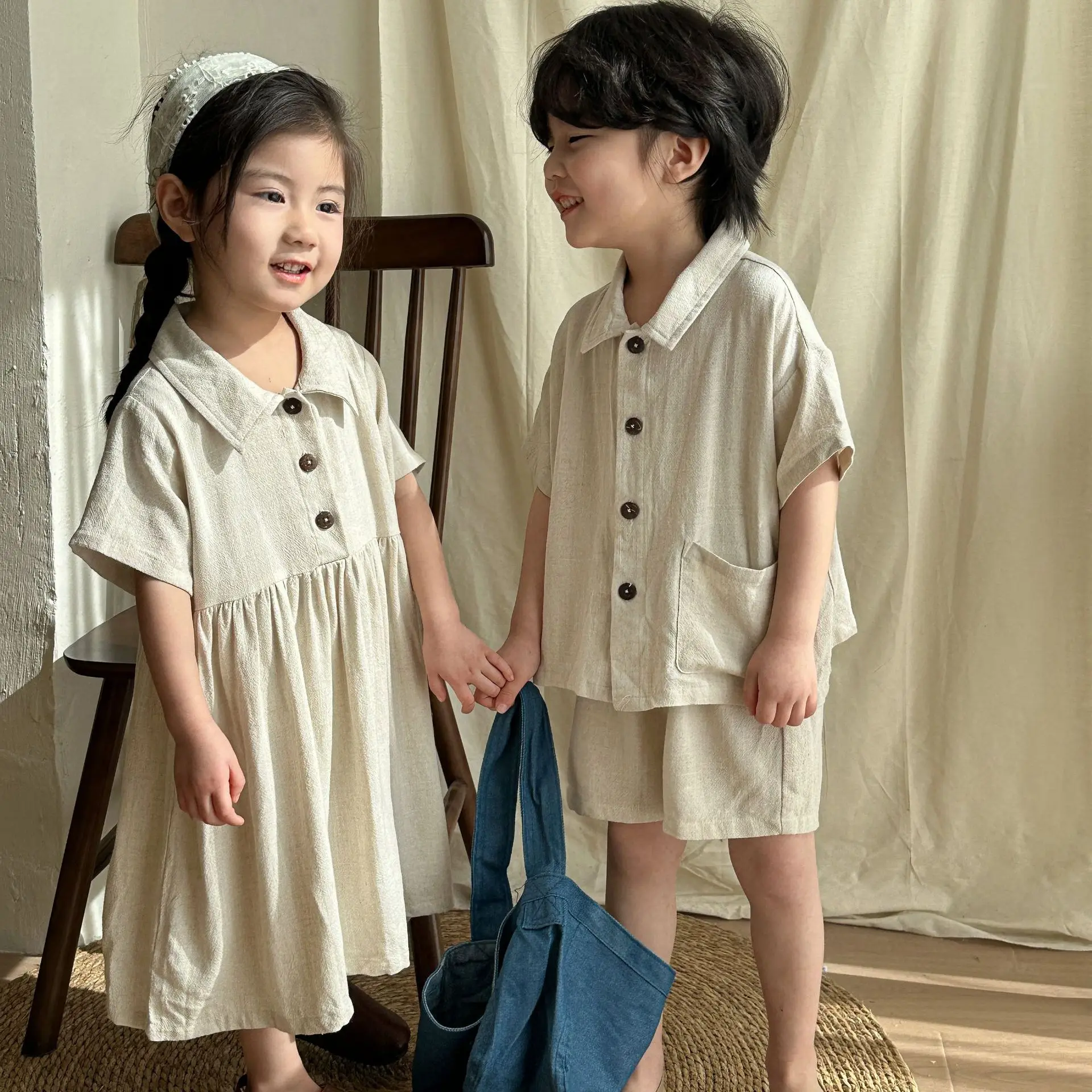 Conjunto de verano para hermano y hermana de lino liso corto - imagen 3