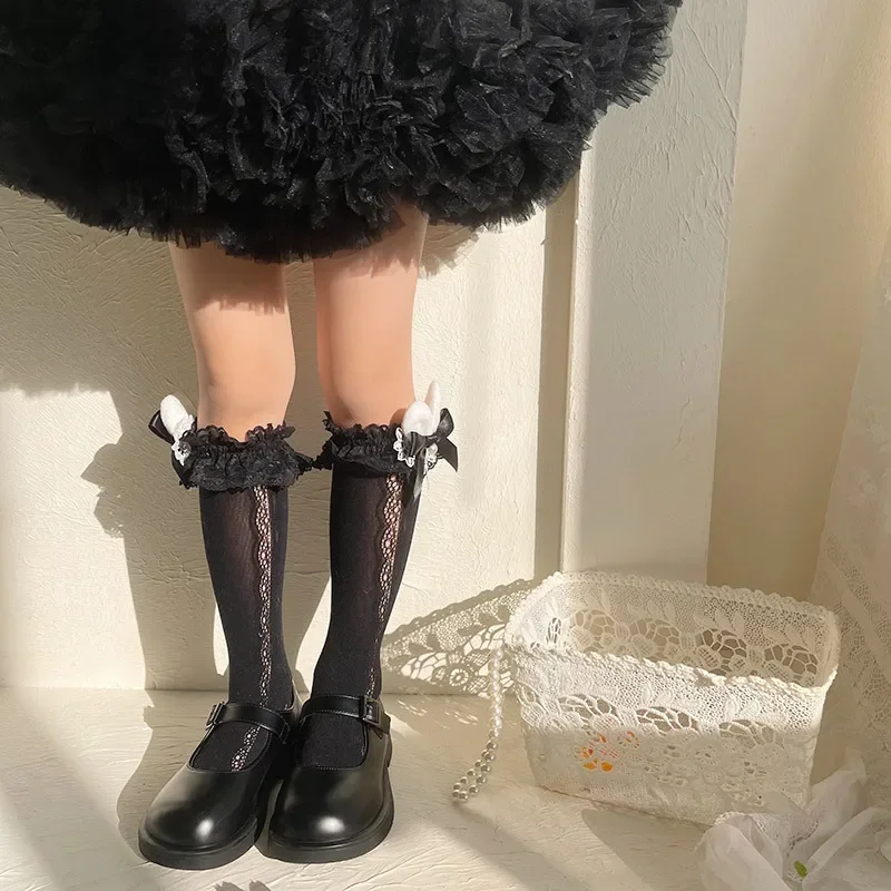 Calcetines largos con lazo de conejo y malla decorativa para niños - imagen 2