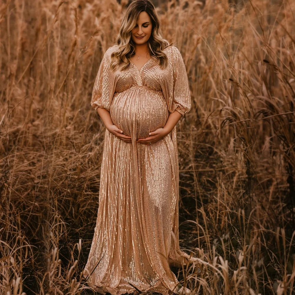 Vestido elegante vintage con lentejuelas y cuello en V para fotografía