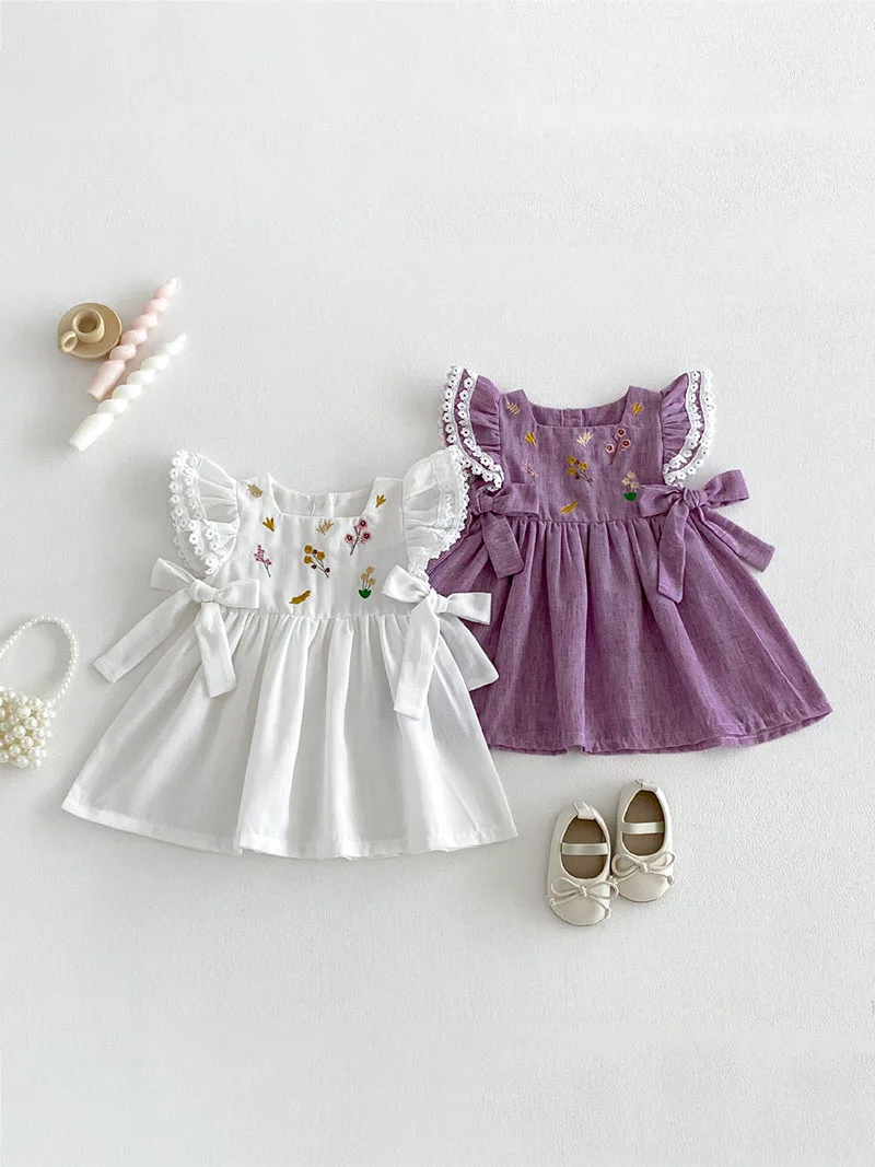 Vestido de verano bebé con encaje y flores bordadas holgado - imagen 2