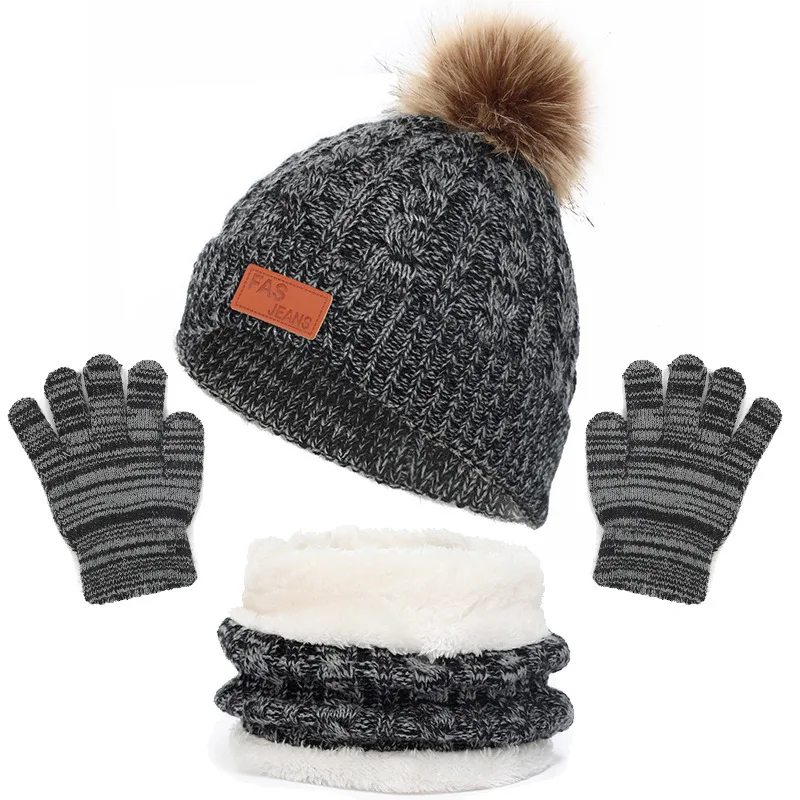 Gorros de invierno para bebé con color sólido, bufanda y guantes