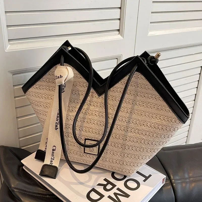 Bolso de paja a hombro tejido a mano estilo retro para verano