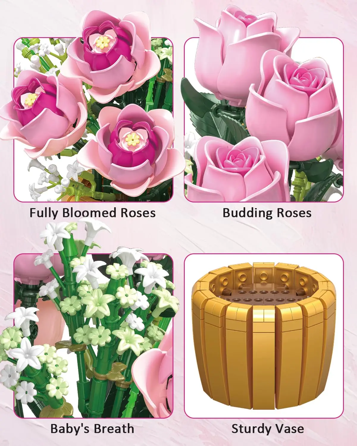 Bloques de construcción maceta con rosas rosadas – Adorno de escritorio - imagen 2