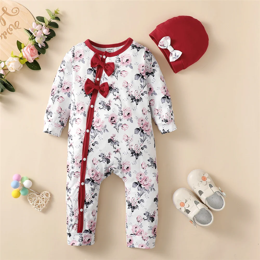 Pelele floral para bebé niña – Manga larga con sombrero de primavera