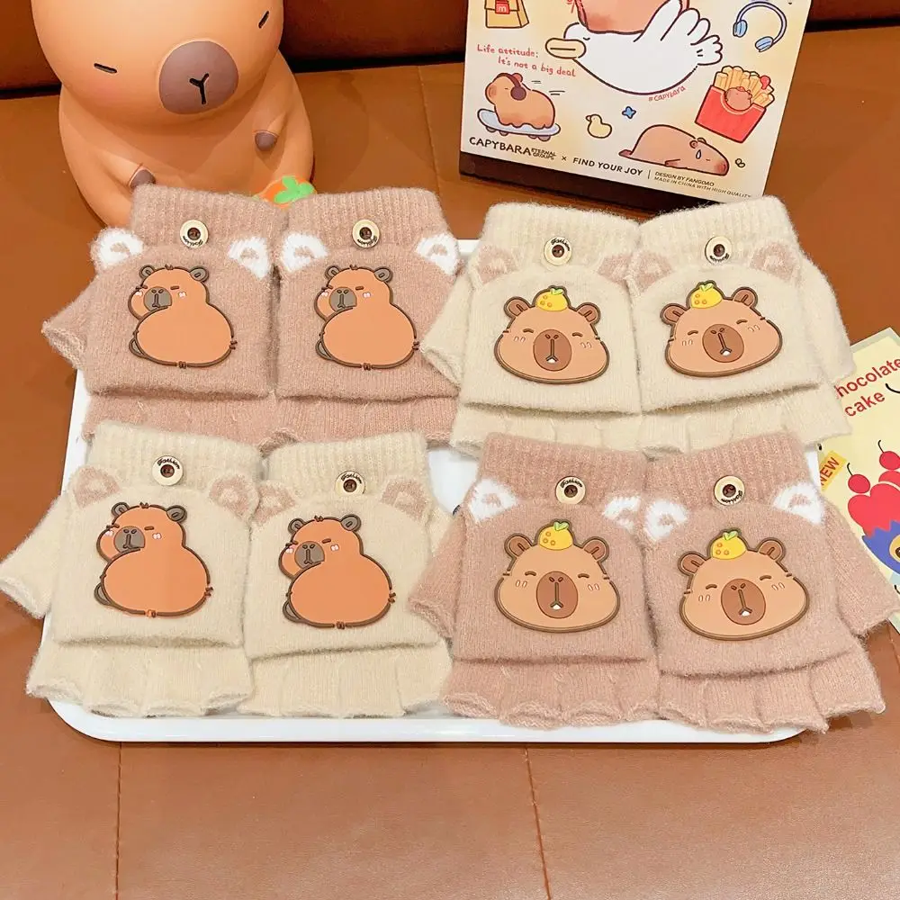 Guantes infantiles de medio dedo gruesos con capibara para invierno - imagen 4