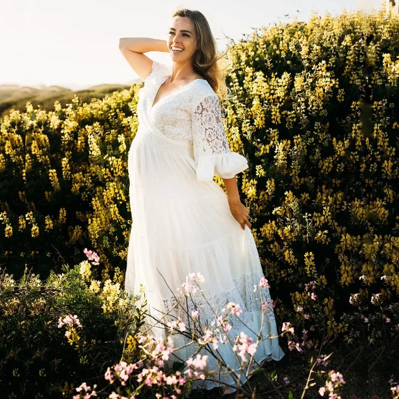 Vestido Maxi Maternidad Encaje Gasa Volantes Manga Corta Embarazo
