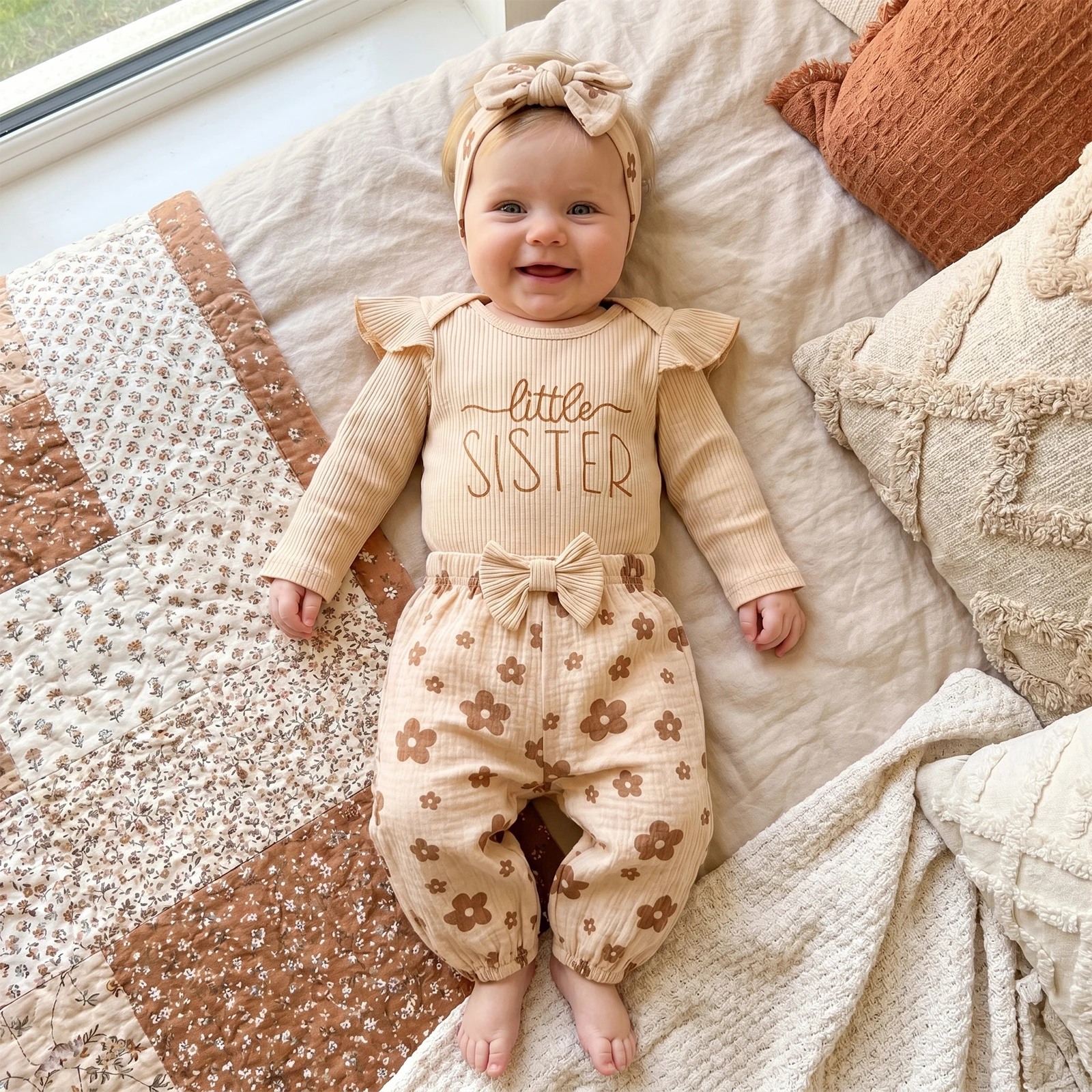 Conjunto recién nacido bebé niña bordado floral canalé y diadema - imagen 5
