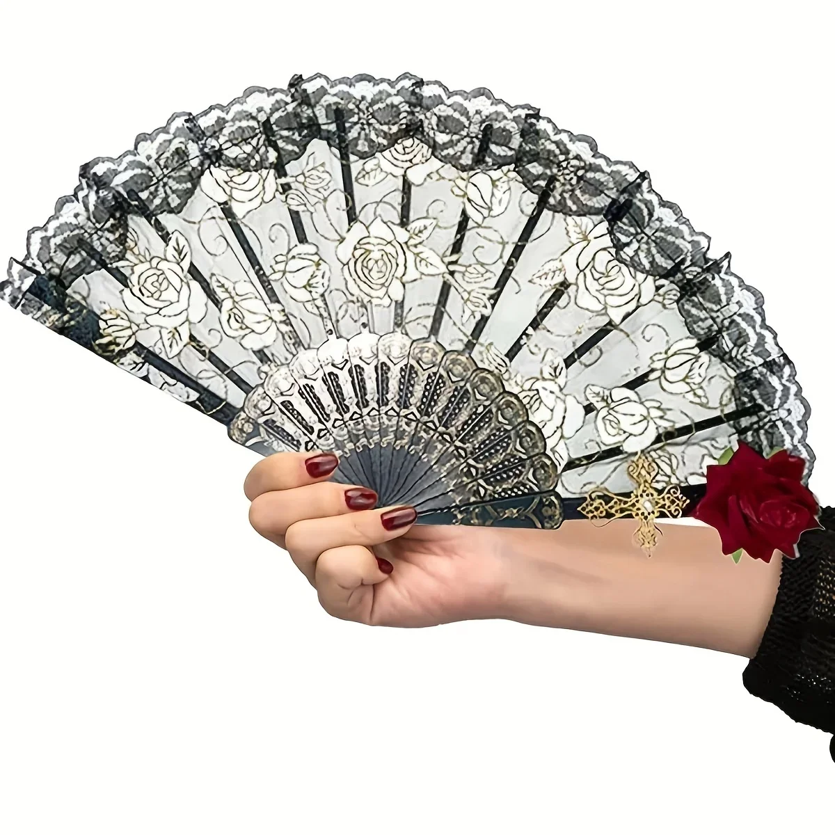 Abanico plegable vintage negro con encaje floral rosa para fiestas - imagen 4