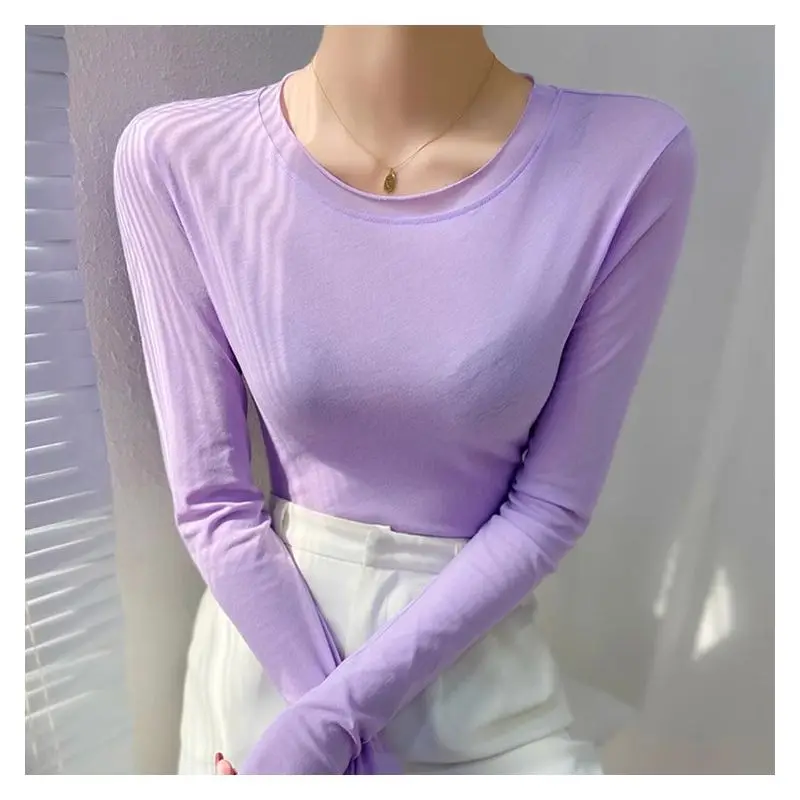 Camiseta interior de manga larga rosa claro, fina y ajustada