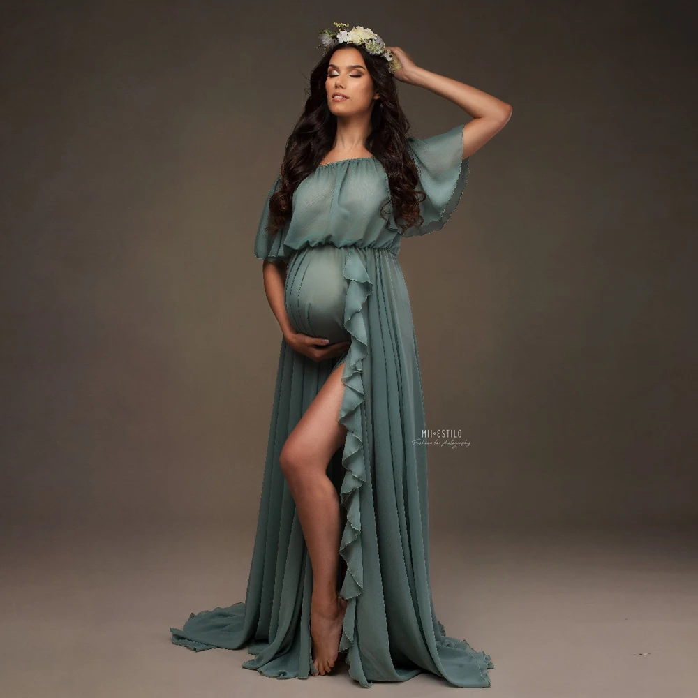 Vestido de embarazo bohemio en gasa con volantes en mangas