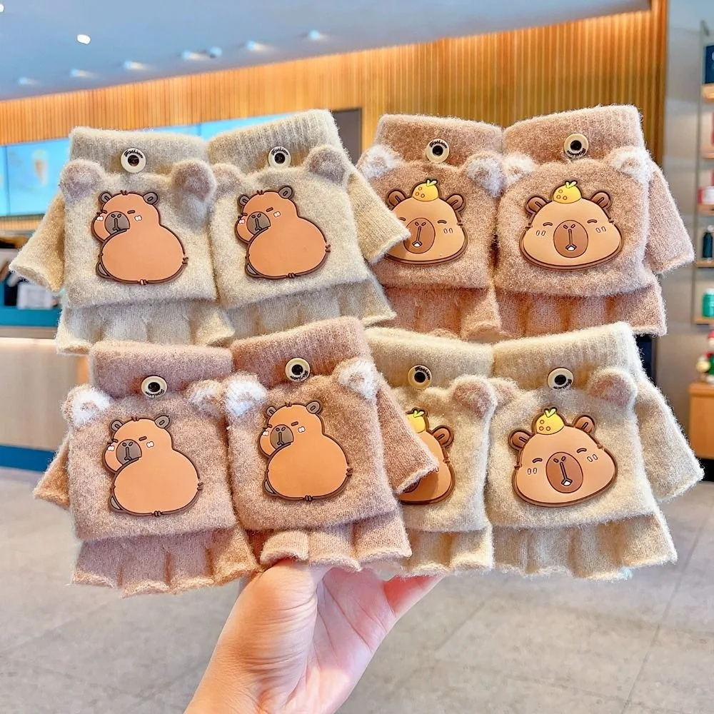 Guantes infantiles de medio dedo gruesos con capibara para invierno - imagen 5