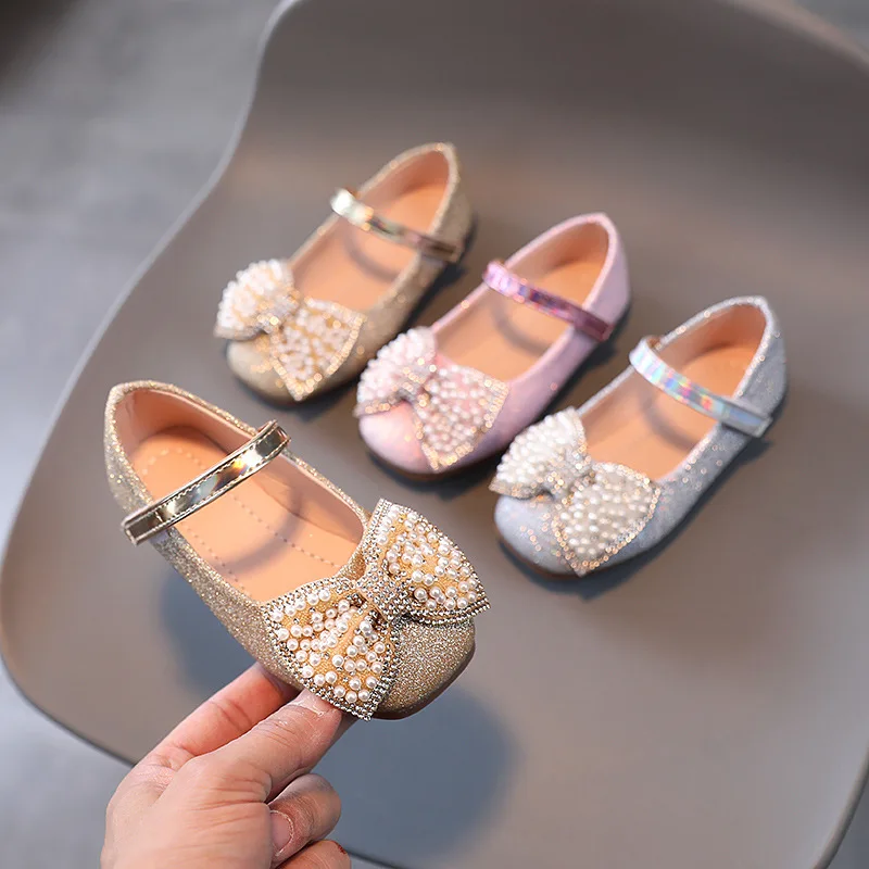 Zapatos Mary Jane de cuero con lazo de lentejuelas para niña