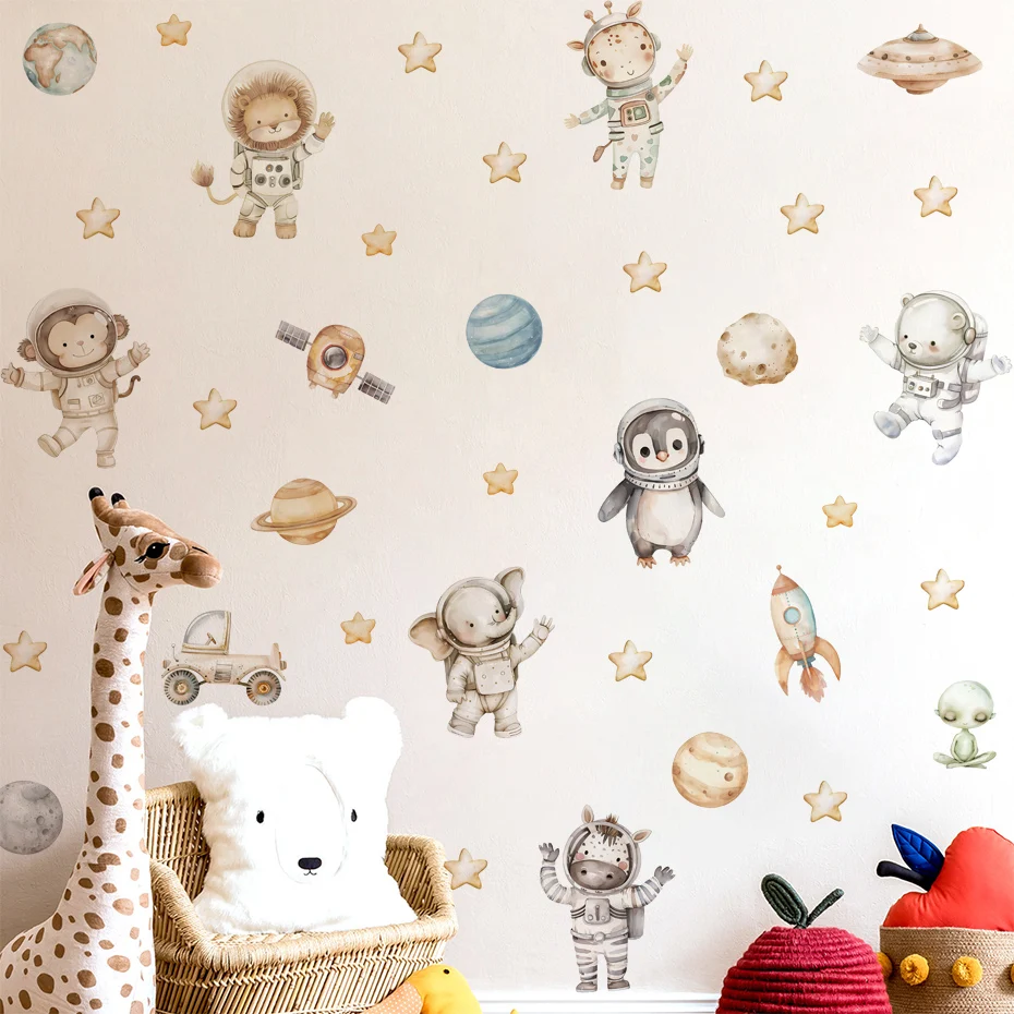 Cohete y animales en estilo acuarela para pared