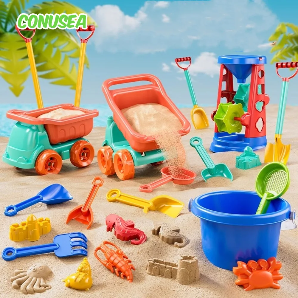 Juego de playa para arena y agua con carritos, palas y cubos