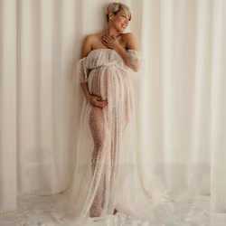 Vestido de maternidad para fotos con malla transparente y pedrería