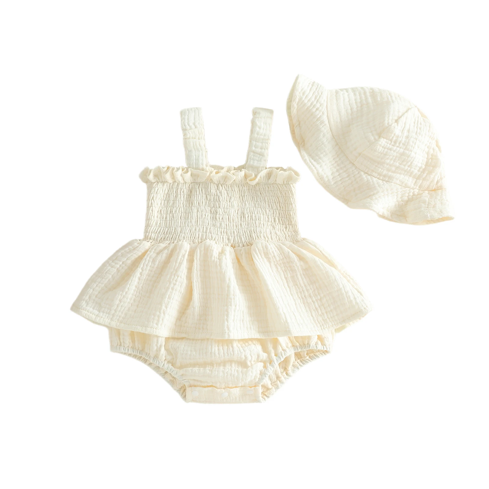 Conjunto bebé niña romper sin mangas liso con gorro y cuello cuadrado