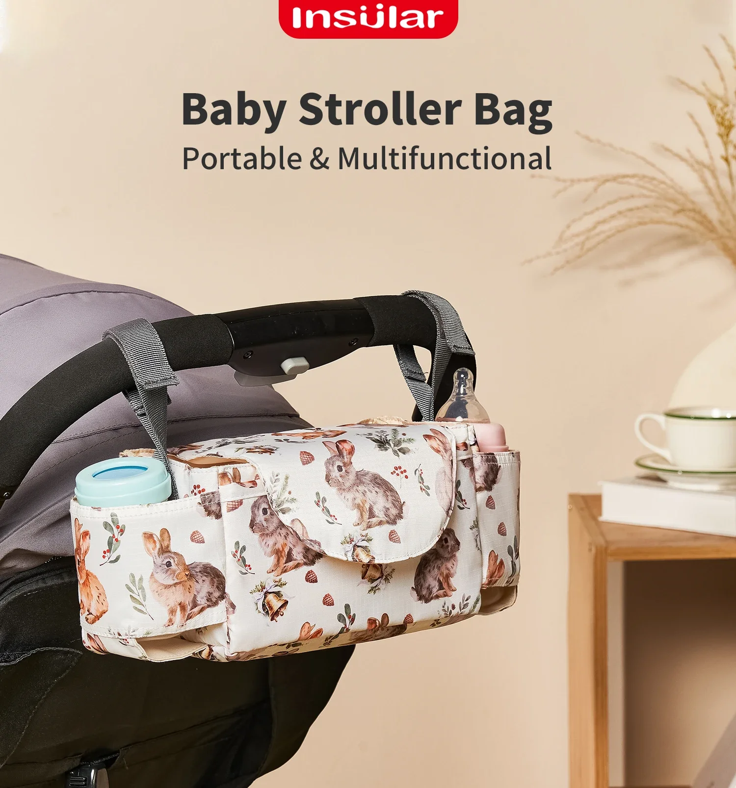 Bolsa para cochecito con soporte para taza