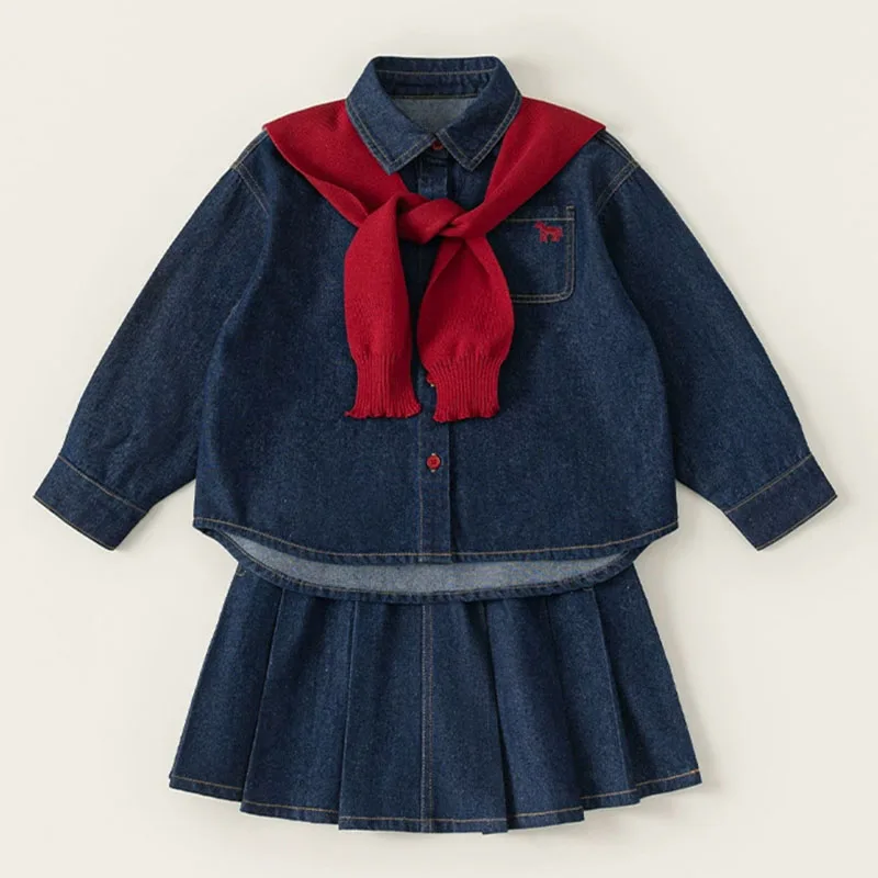 Conjunto de niña mezclilla azul primavera-otoño: top y falda