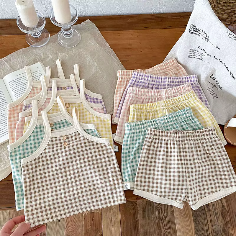 Conjunto verano algodón para bebé y niño – Camiseta y shorts a cuadros - imagen 4