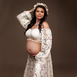 Vestido de maternidad bohemio de encaje largo con tul para fotos