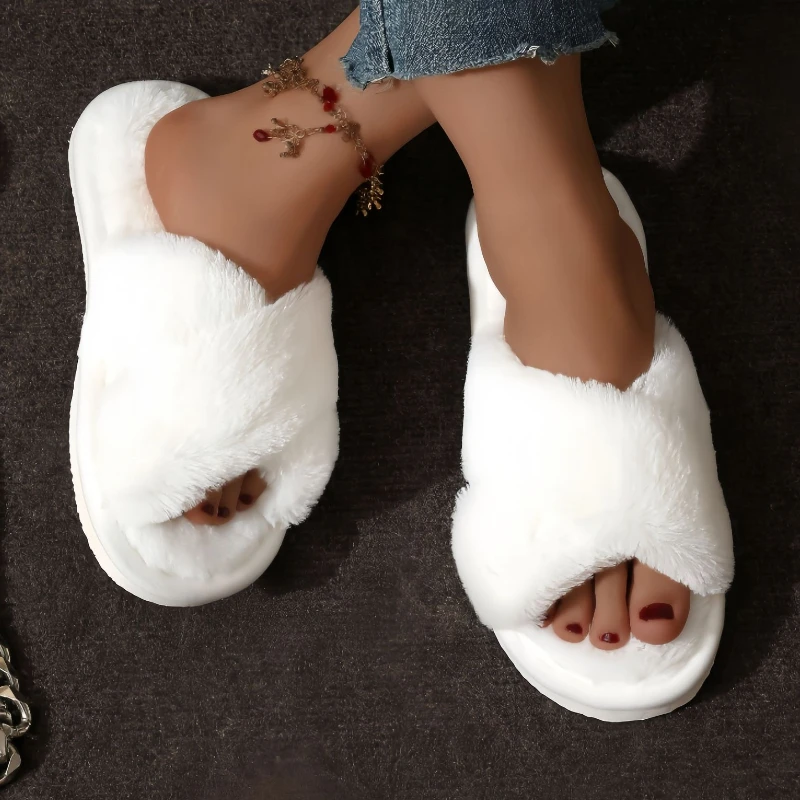 Zapatillas de casa de piel con tiras cruzadas cálidas para otoño