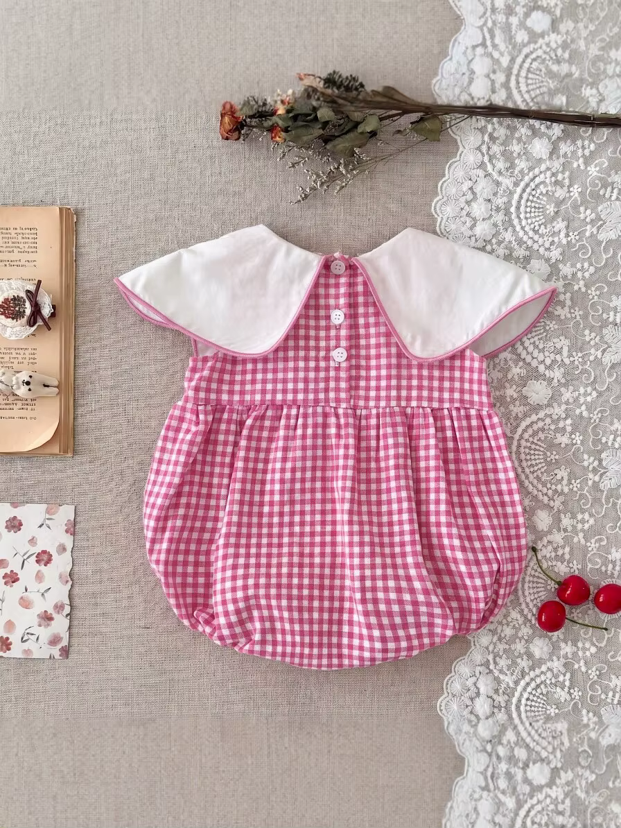 Body verano ligero transpirable para bebé niña cuadros bordado fresa - imagen 3