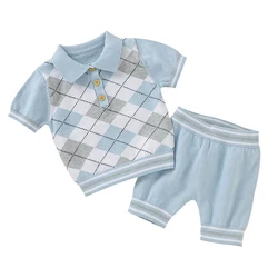 Conjunto bebé niño azul - Camiseta cuello alto y shorts de algodón