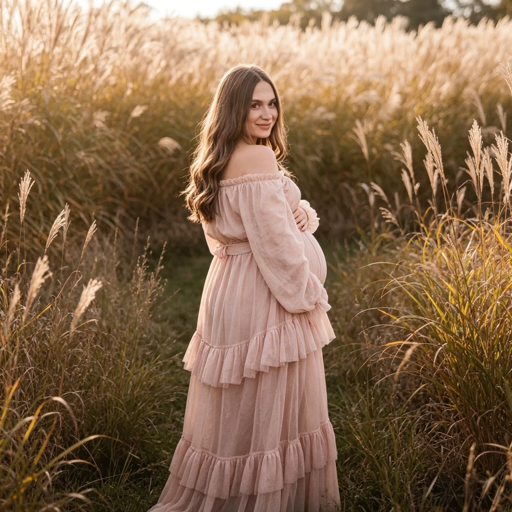 Vestido de maternidad con hombros descubiertos, fotos y volantes - imagen 3