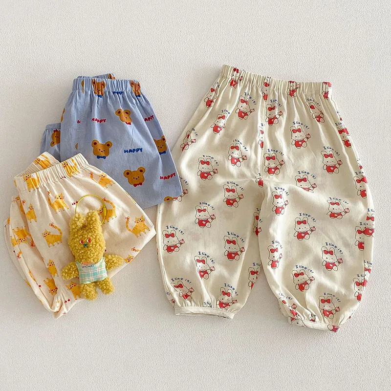 Pantalones infantiles ligeros de verano con osos y conejitos - imagen 3