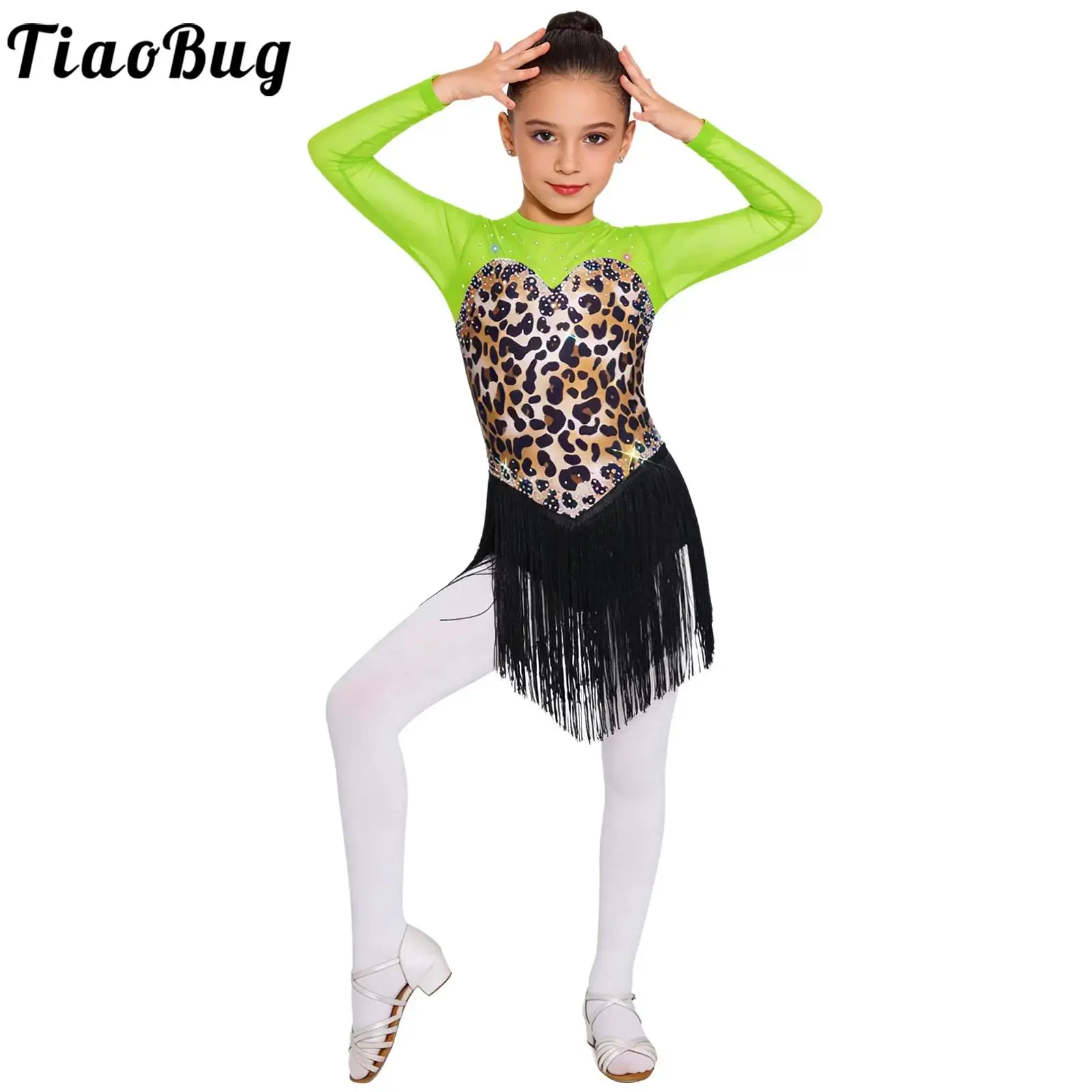 Vestido de baile latino con flecos y leopardo para niñas - imagen 4