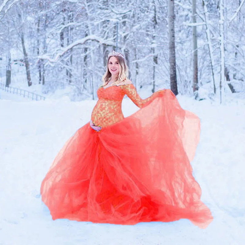 Vestido de maternidad maxi manga larga con encaje para fotos - imagen 2