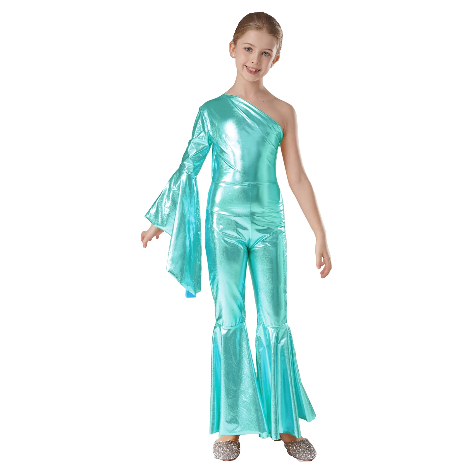 Mono de baile metálico brillante para niña – Un hombro con campana - imagen 2
