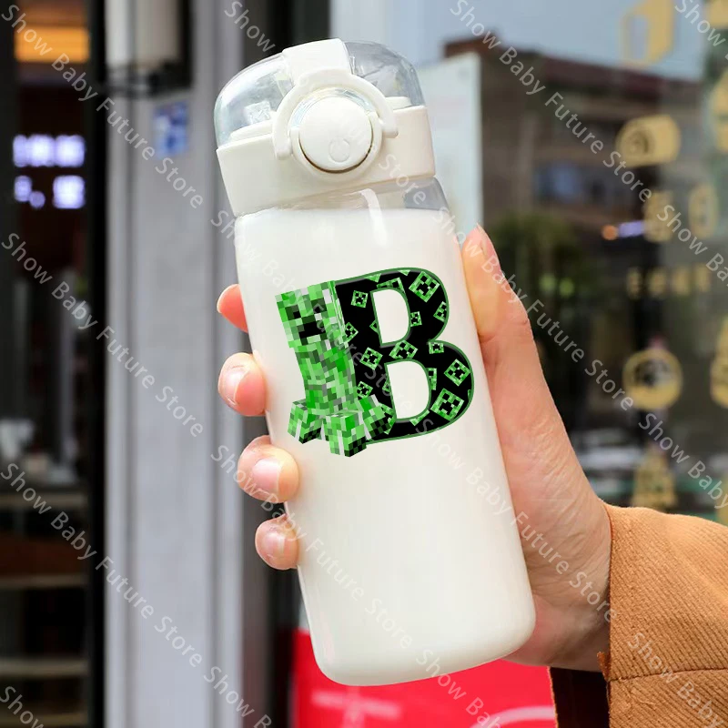 Botella de agua con pajita Minecraft para estudiantes, letras