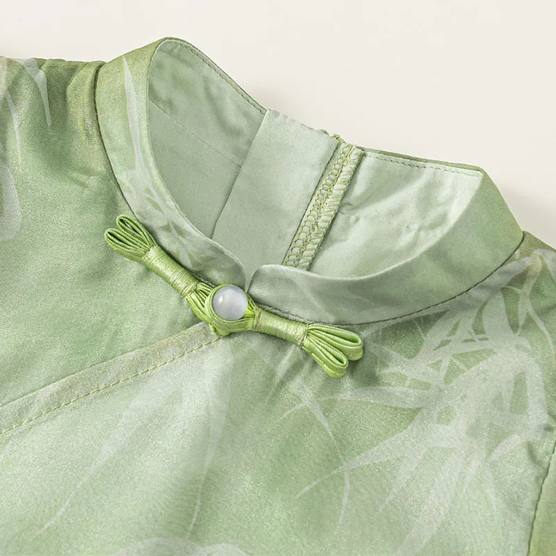 Vestido de verano para niña estilo cheongsam verde sin mangas - imagen 5