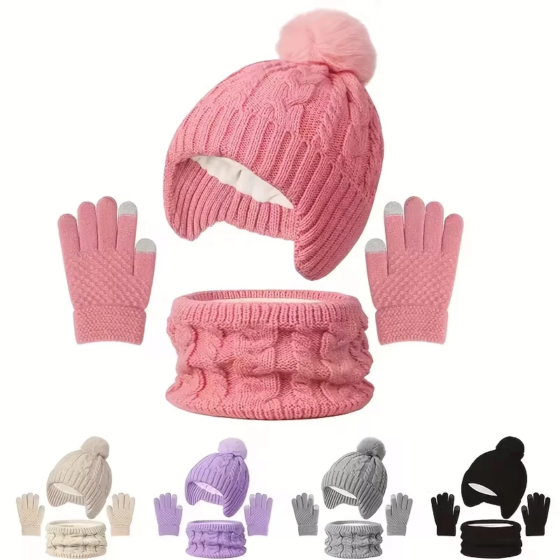 Set completo de invierno: gorro pompón, bufanda y guantes de terciopelo