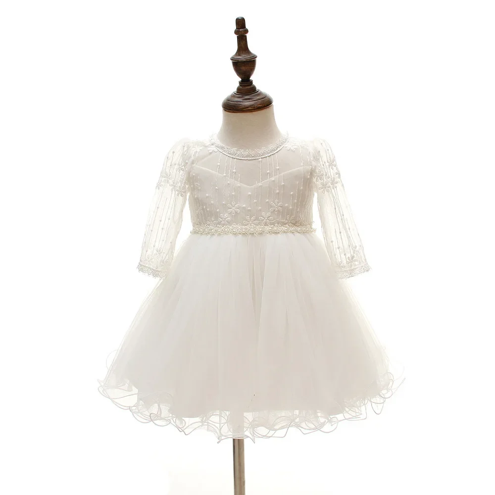 Vestido de bebé niña manga larga blanco para bautizo y fiesta - imagen 4