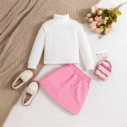 Top blanco manga larga con falda PU – Conjunto bebé niña otoño