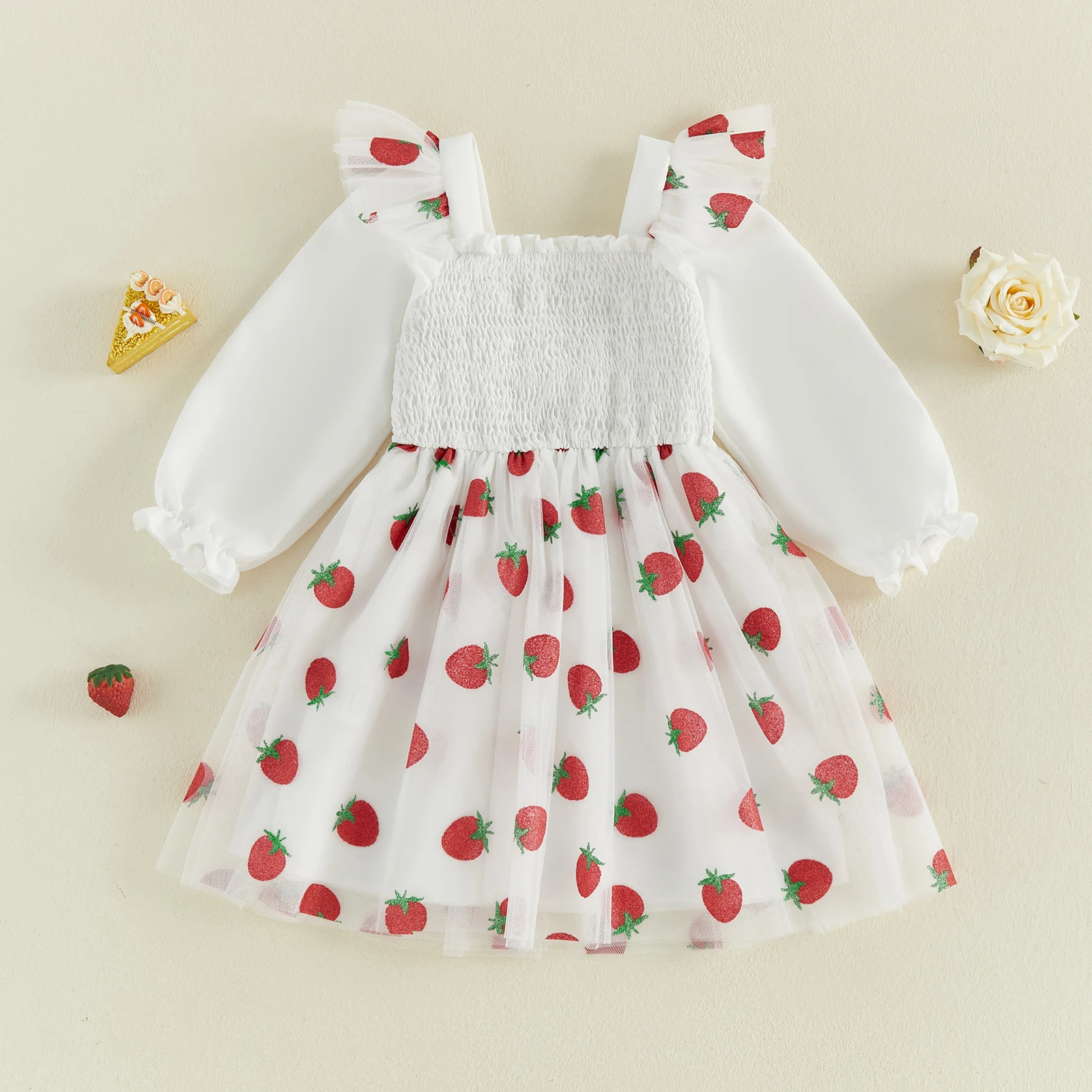 Vestido de otoño para niña pequeña – Manga larga en tul y lazo fresa - imagen 2