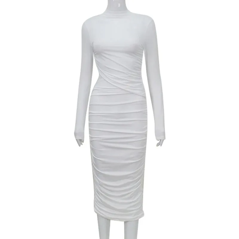 Vestido de embarazo blanco de manga larga con falda fruncida - imagen 4