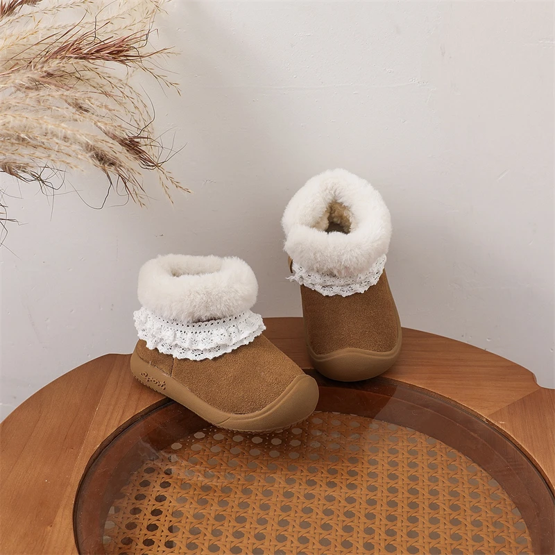 Botas de nieve de cuero para bebés y niños con felpa antideslizante