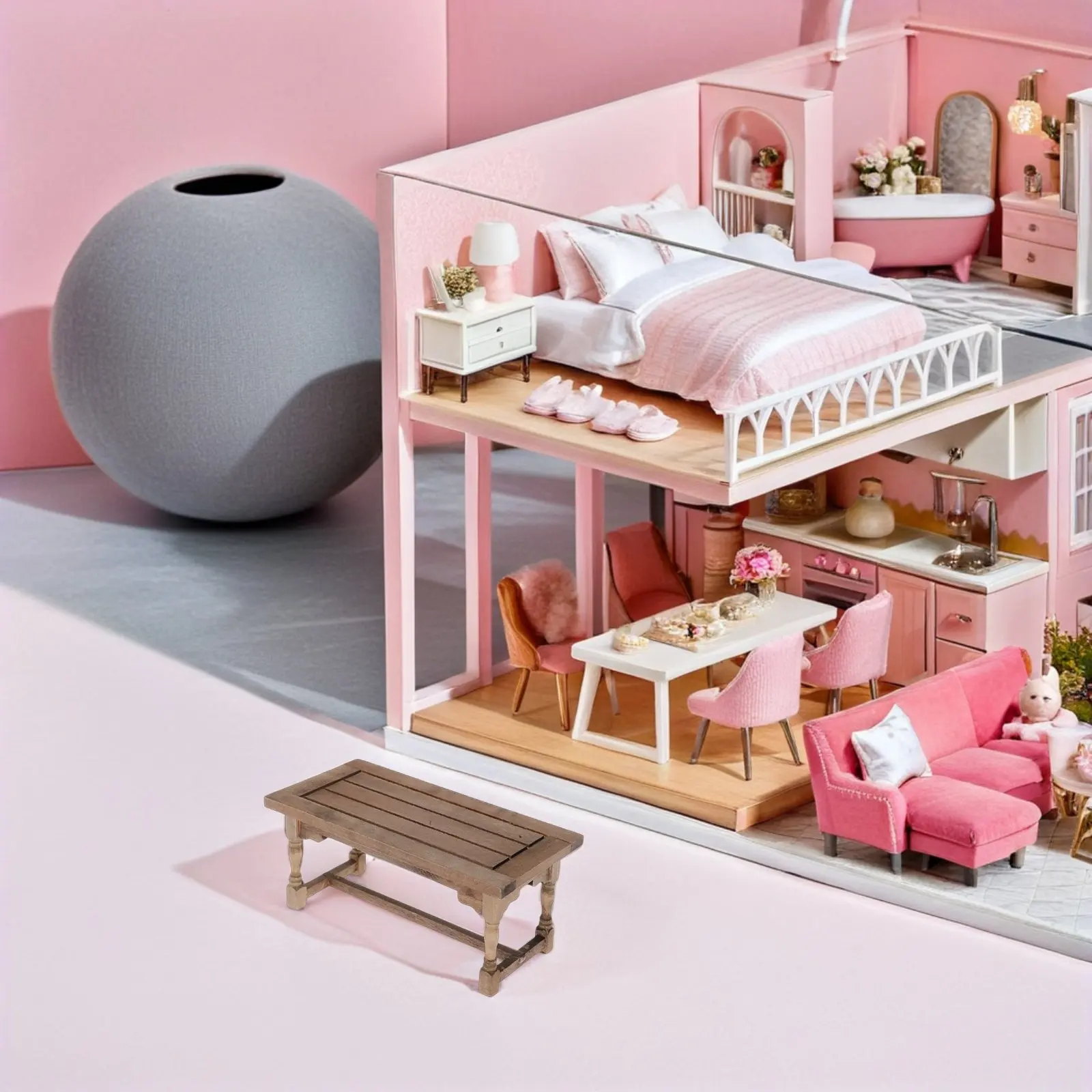 Mesa de comedor de madera para casa de muñecas, bordes lisos - imagen 2