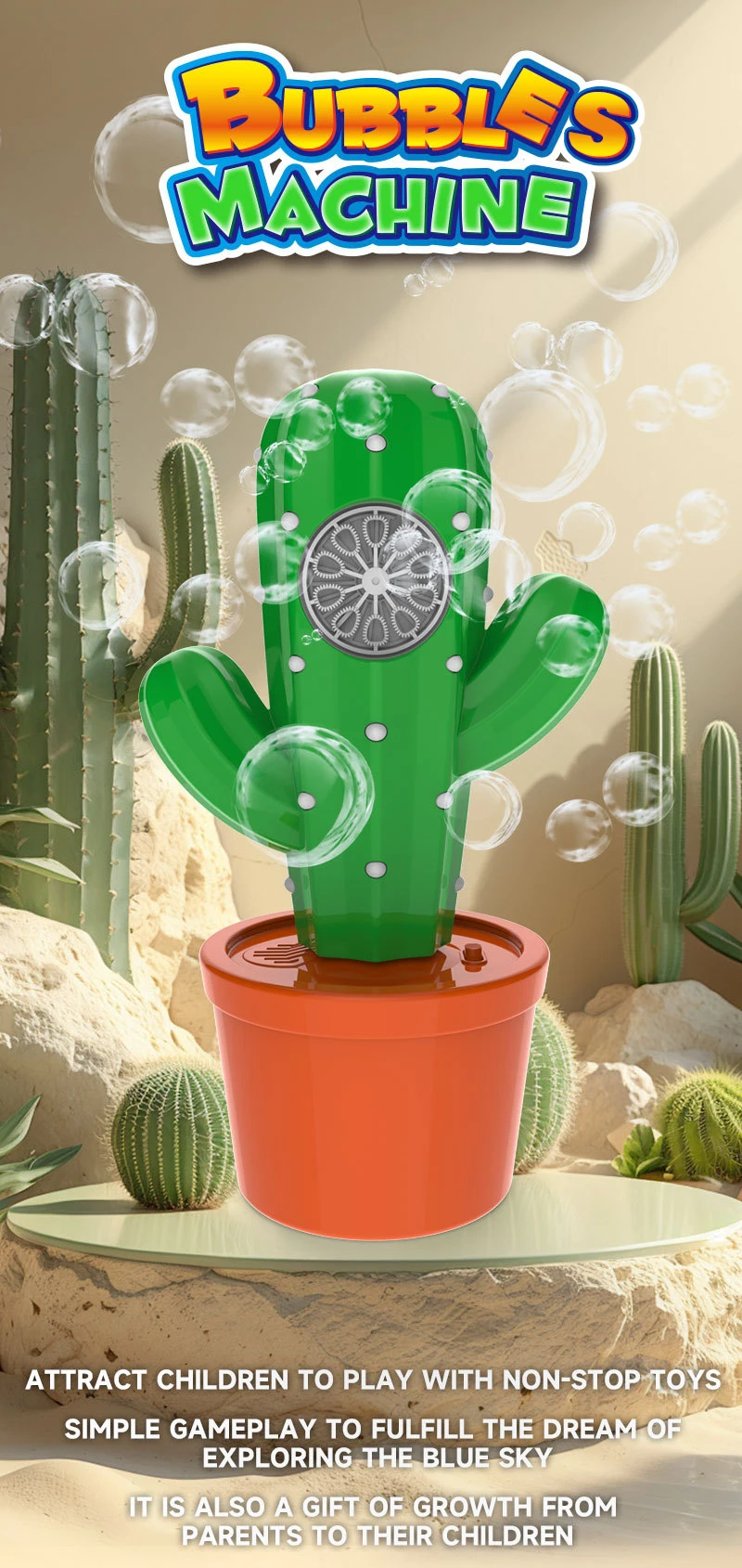 Máquina de burbujas con diseño de cactus e iluminación