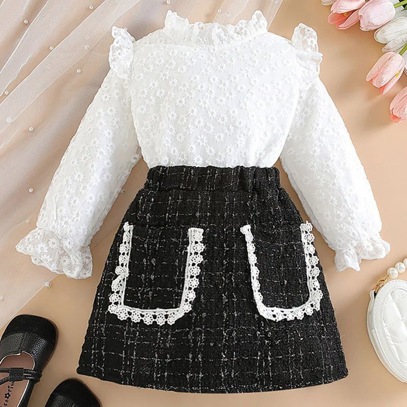 Conjunto 2 piezas niños primavera otoño camiseta bordado falda cuadros